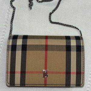 Burberry Tan and Red Plaid Wallet with Chain